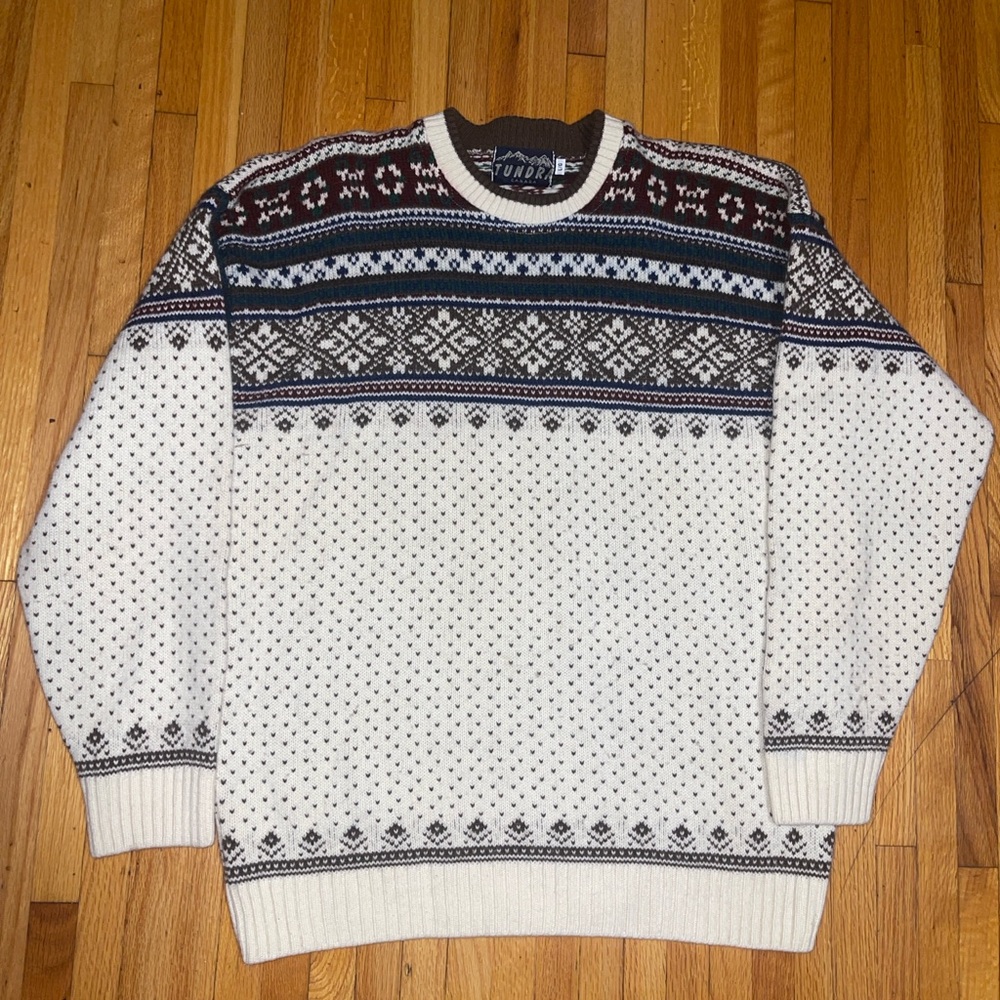 Tundra Men's White and Black Patterned Crewneck Sweater